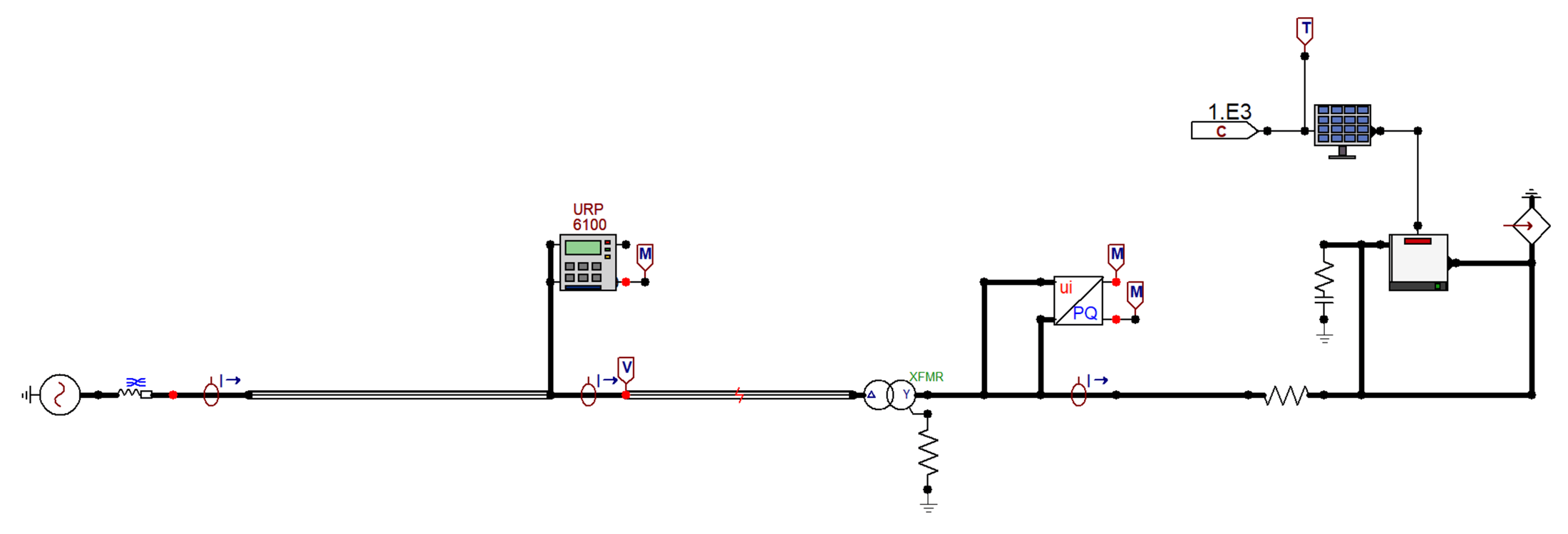 Circuito do intertie da usina fotovoltaica no ATPDraw: fonte equivalente da rede, alimentador, o bloco do relé URP6100 com suas medições, transformador delta-estrela aterrado, bloco de controle do inversor e arranjo fotovoltaico com entradas de irradiância e temperatura