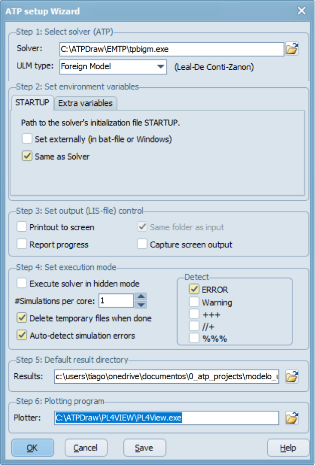 Assistente ATP setup Wizard do ATPDraw, com o campo Plotter do Step 6 preenchido com o caminho do PL4View.exe